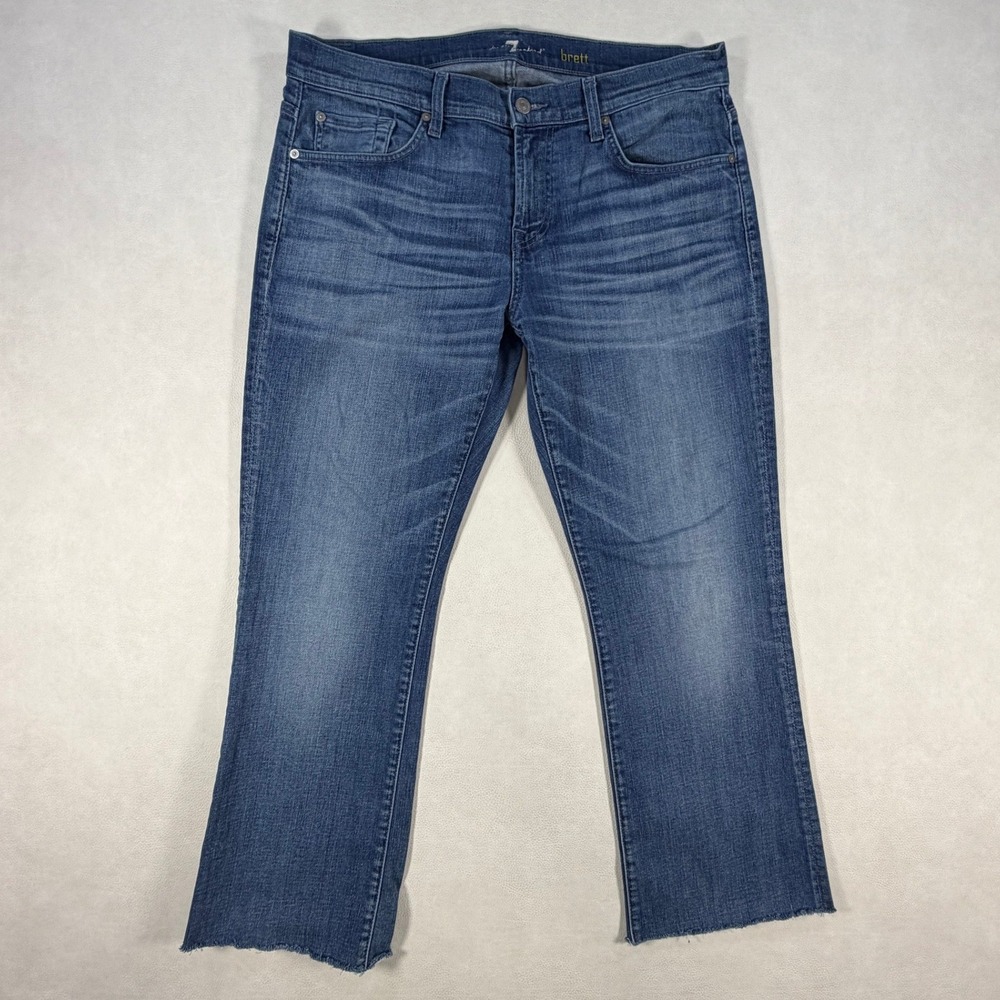 7 For All Mankind Brett Bootcut Jeans Mens 36x29 Medium Wash Raw Hem Stretch